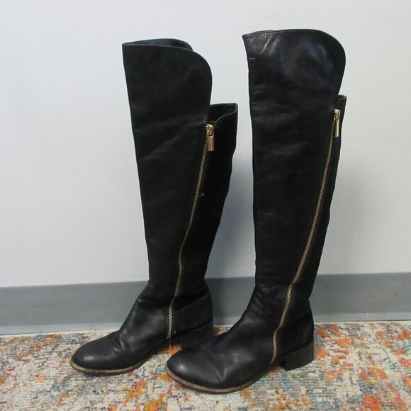 Michael Kors Leather Knee High Riding Tall Boots Women 7.5 Black Low Heels 1034 - Picture 1 of 15